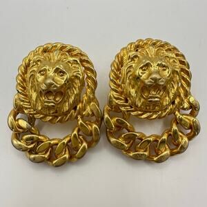 Anne Klein 1990s vintage gold tone lion door knocker chain post earrings